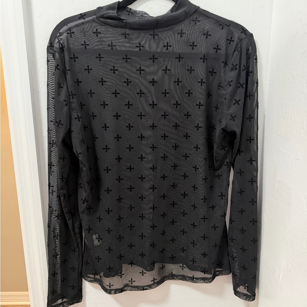 Black Sheer Long Sleeve Top with Cross Pattern